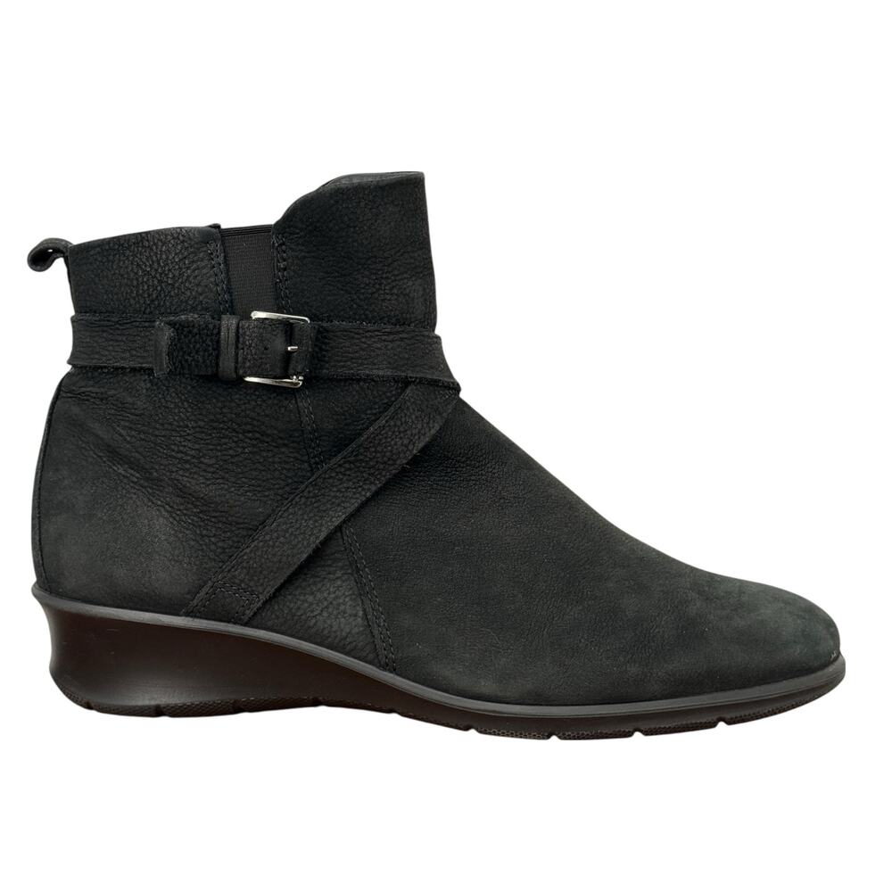 ECCO Felicia Cross Buckle ANKLE Leather Booties Womens SZ 42 Wedge Black Comfort